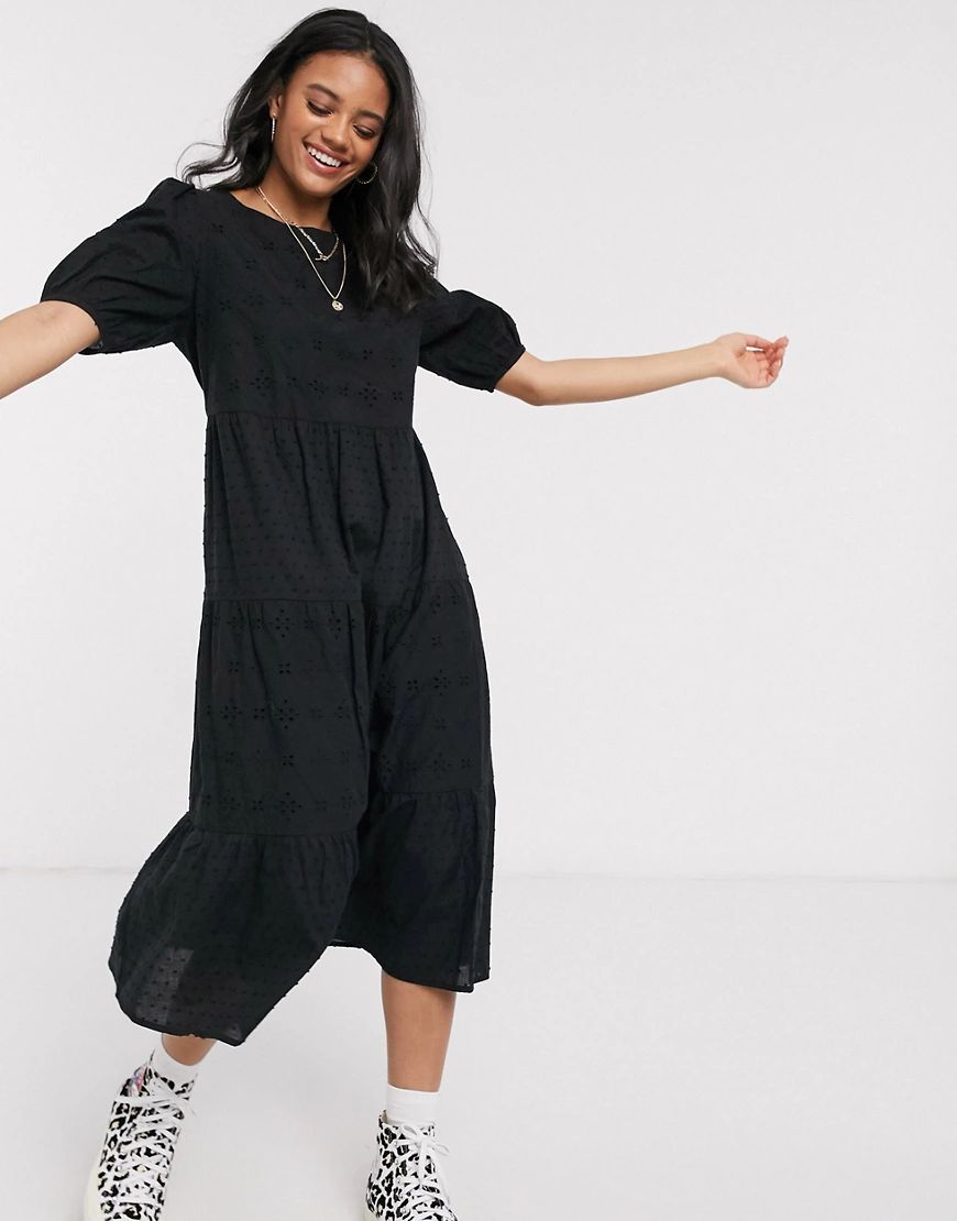 New Look broderie smock midi dress in black | ASOS (Global)