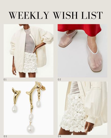 On my wish list this week… 👛
Spring outfits | Oversized bomber jacket in white | White mesh shoes | Sheer ballet flats | 3D flower skirt | Gold pearl earrings | Races outfit | Party outfit | Bridal going away outfit | Rehearsal dinner 

#LTKwedding #LTKparties #LTKshoecrush
