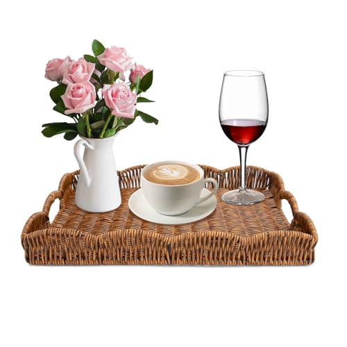 Rectangle Wicker Scalloped Tray, Hand Woven Synthetic Rattan Serving Tray with Handles, Coffee Table Decorative Tray Basket for Modern Boho Rustic Home Ornament or Organizing (Brown) | Amazon (US)