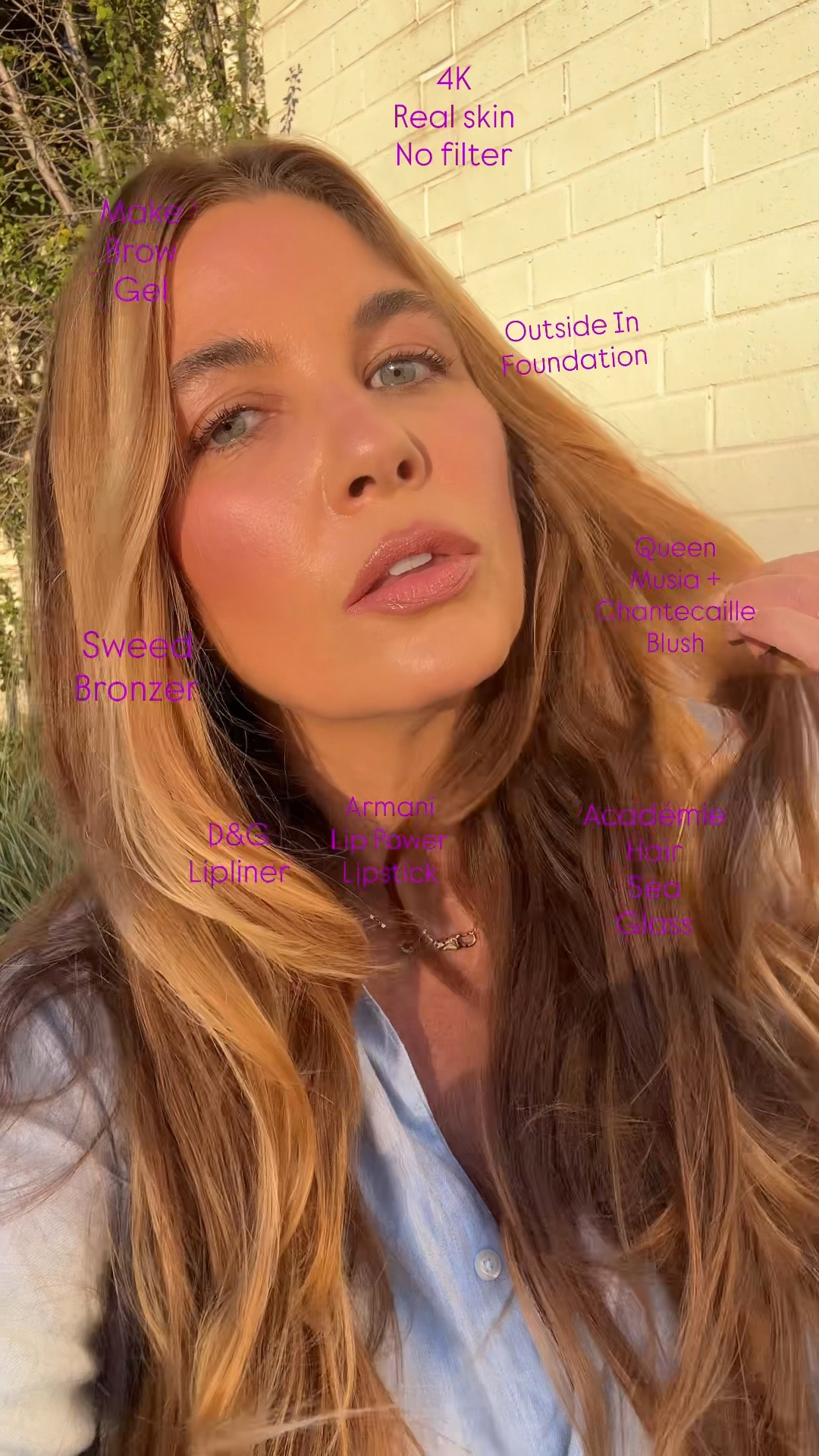 4K, no filter, real skin. Here’s what I used:
Académie Hair Sea Glass + T3 hot rollers on hair 
Le Metier de Beaute Peau Vierge 3
Outside In Foundation 240 (not able to link) 
Sweed bronzer in medium golden
Queen Musia Midcentury Pink blush (www.queenmusia.com use beautyprofessor-qm for a discount)
Chantecaille Radiant Blush (also on brow bone)
Make Brow Gel Cool Taupe
Dolce and Gabbana Brownie Nude lip liner
Armani lip power 503 lipstick 
Shirt: medium  

#LTKFindsUnder50 #LTKdayinmylife #LTKBeauty