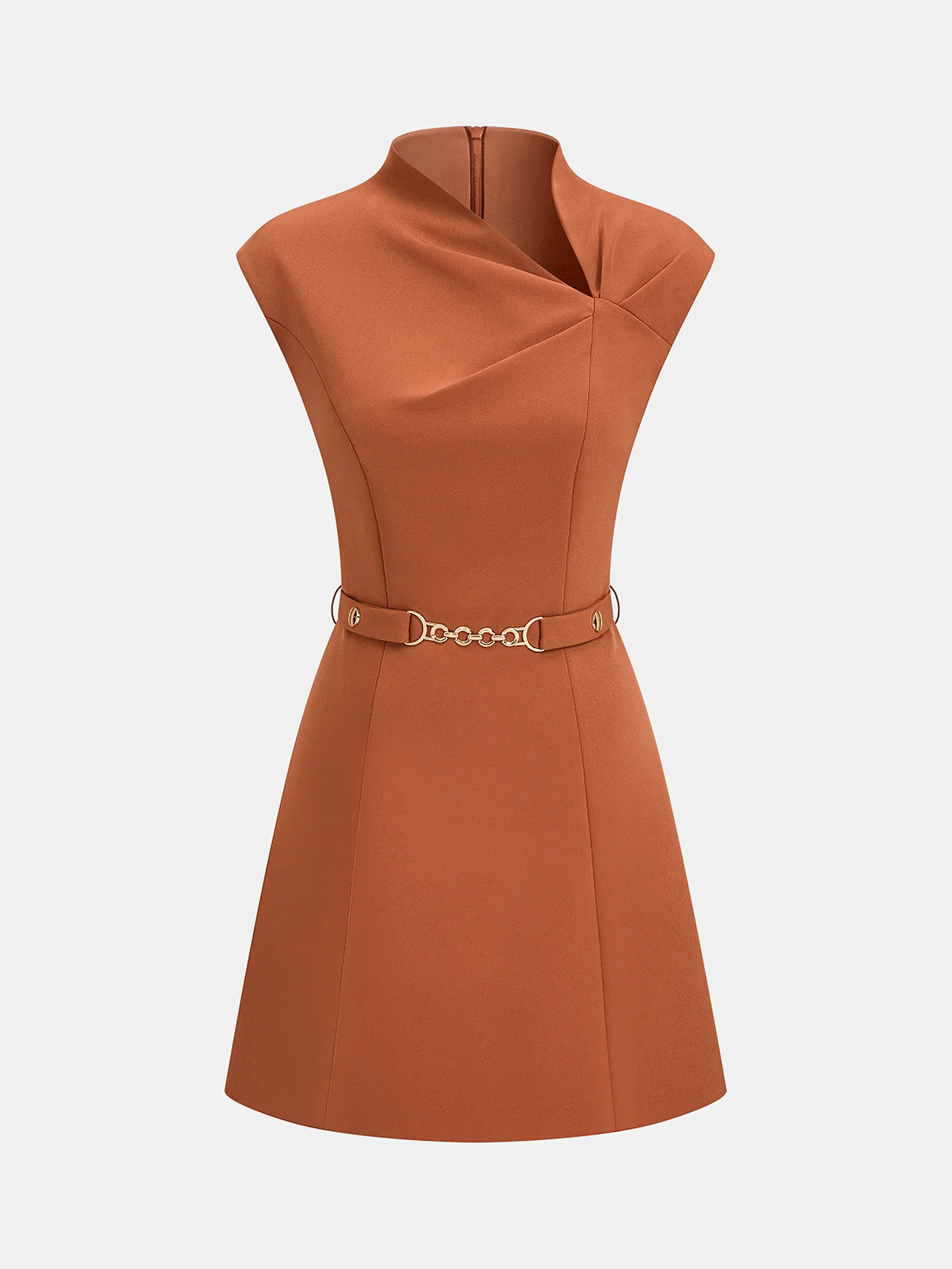 Belted Asymmetric Neckline Sleeveless Mini Dress | Commense