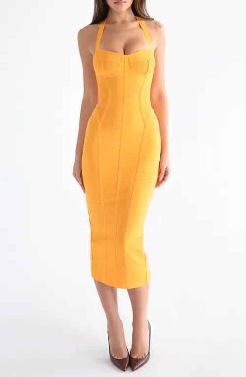 HOUSE OF CB The Sculpt Halter Neck Bandage Midi Dress in Orange Sherbet at Nordstrom, Size Small | Nordstrom