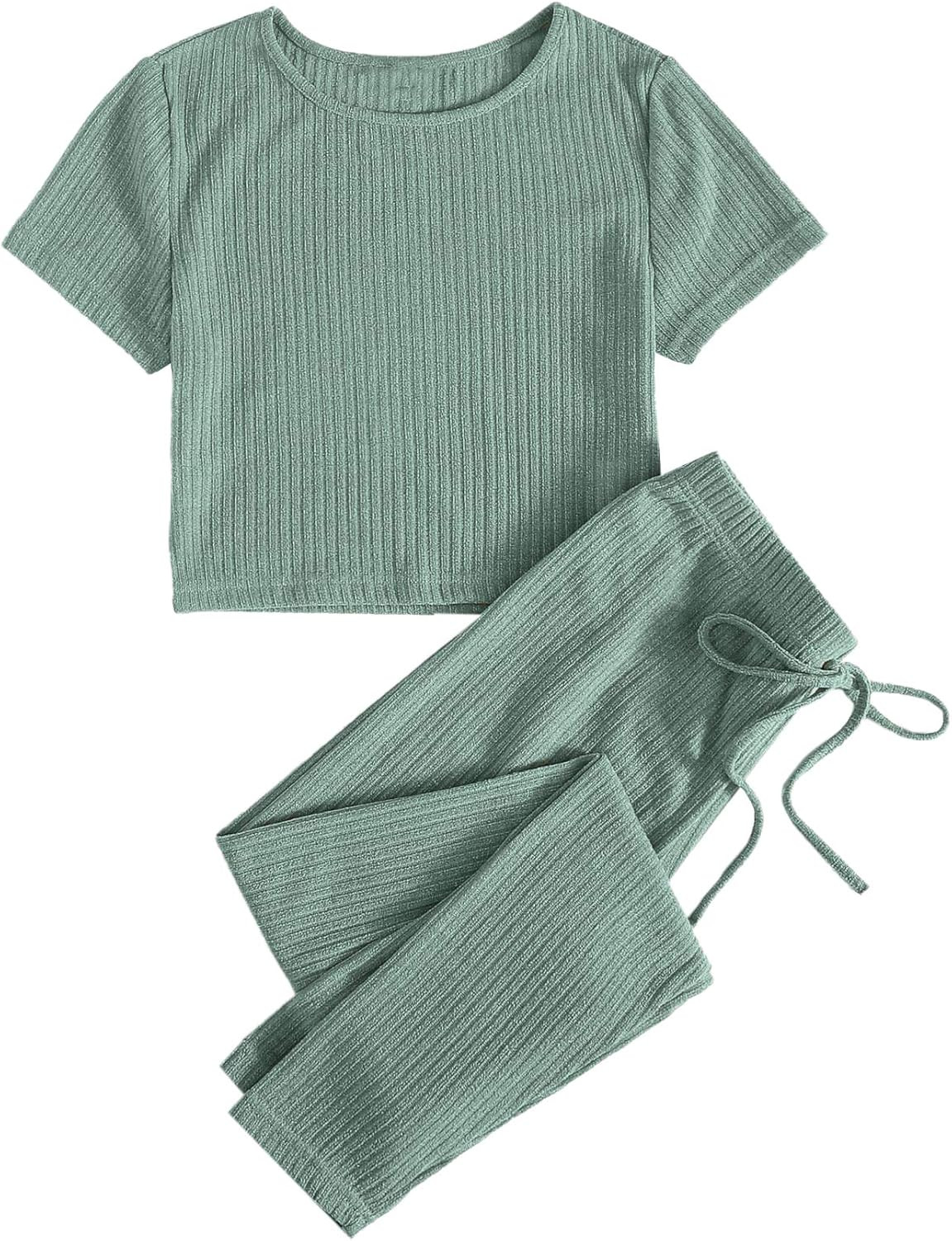 Verdusa Women's 2 Piece Ribbed Short Sleeve Tee Top and Pants Tracksuit Sets | Amazon (US)