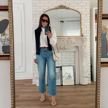 Spring Outfit
Levi’s Ribcage Ankle/True to size 
Sèzane Chlo Poplin/ I sized up one 
Sèzane Gloria Sandals/ true to size
Sèzane Gaspard Navy/I wear a small 
Sèzane Claude Bag 

#LTKstyletip #LTKover40