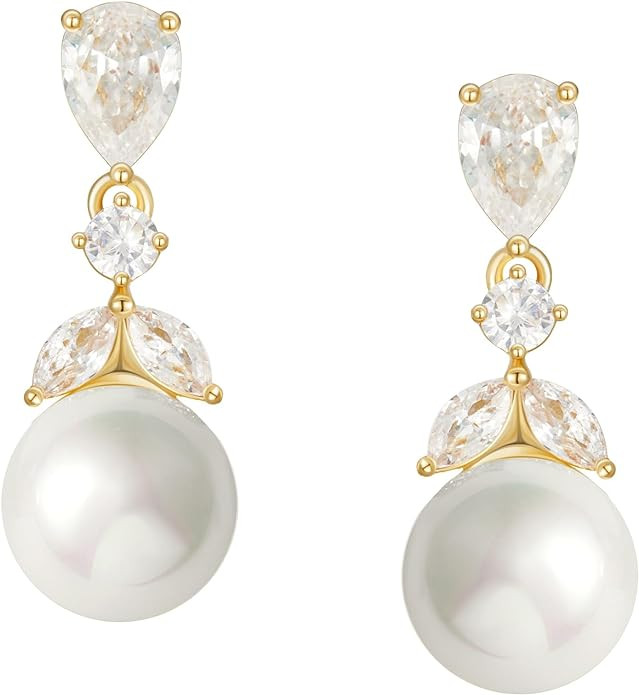 SWEETV Cubic Zirconia Pearl Drop Wedding Earrings for Brides, Ivory Bridal Pearl Earrings for Bri... | Amazon (US)