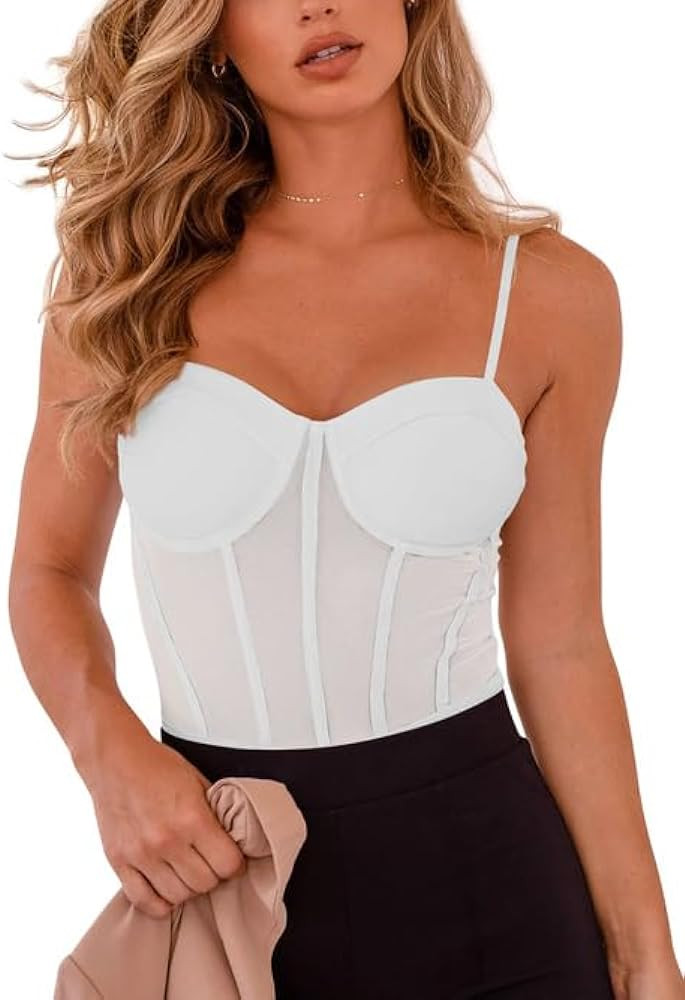REORIA Women's Sexy Mesh Sheer Spaghetti Strap Going Out Slimming Bustier Corset Bodysuit With Bu... | Amazon (US)