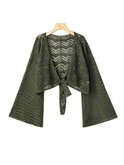 SHEIN LUNE Plus Tie Front Trumpet Sleeve Pointelle Knit Cardigan | SHEIN