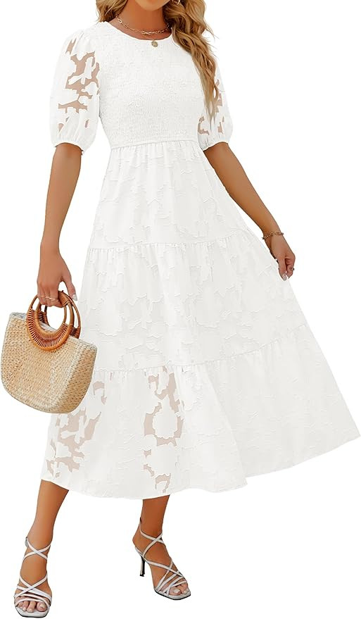 ZESICA Women's 2025 Summer Short Puff Sleeve Crewneck Smocked Floral Lace Flowy A Line Tiered Max... | Amazon (US)