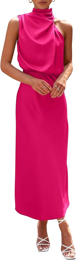 PRETTYGARDEN Women's 2025 Summer Satin Dress Elegant Sleeveless Mock Neck Cocktail Party Maxi Dre... | Amazon (US)