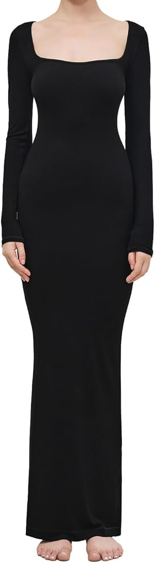 Stafond Long Sleeve Dress for Women Soft Square Neck Casual Lounge Long Dress Ribbed Bodycon Dresses | Amazon (US)