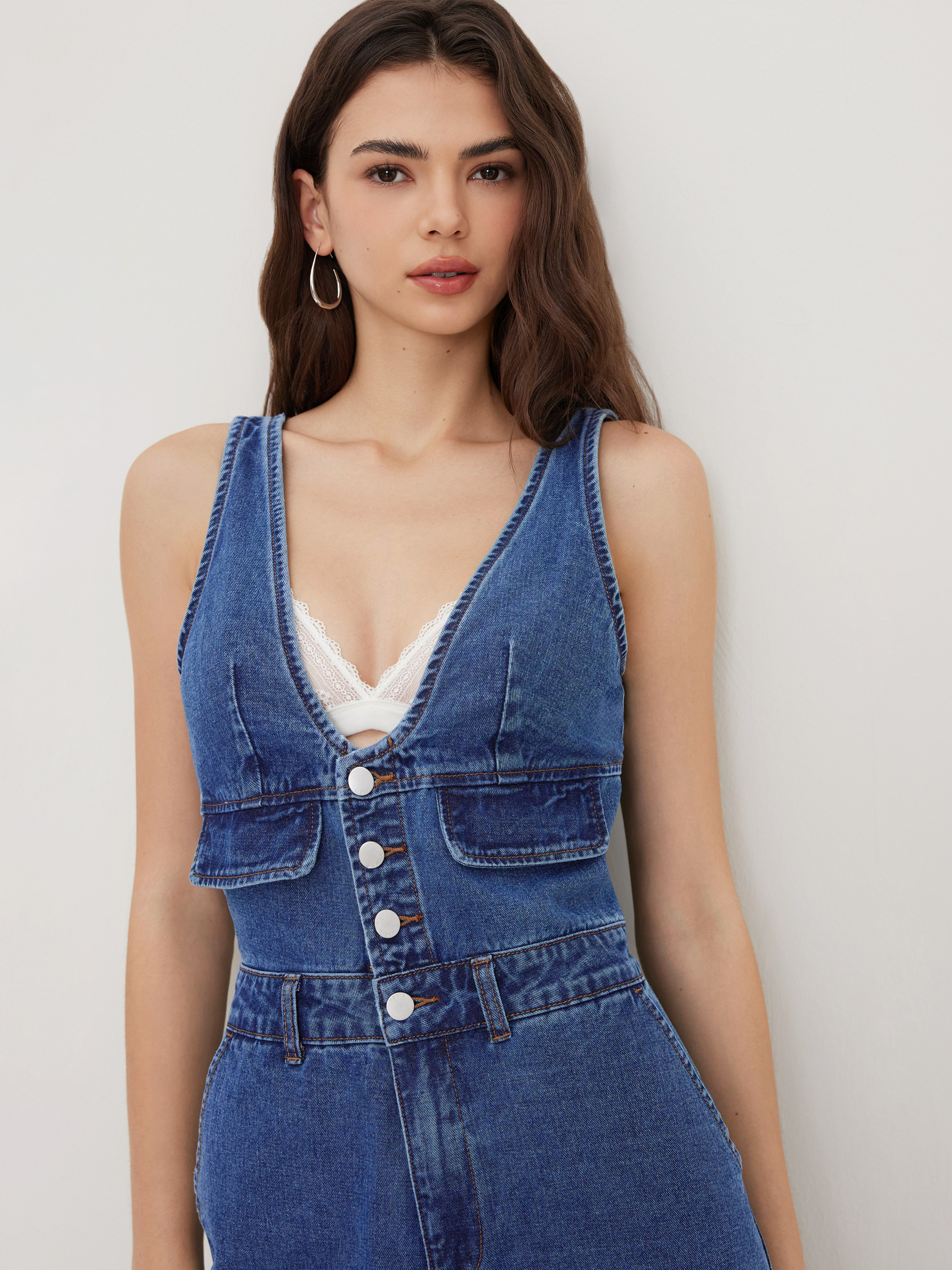 denim Denim Cider Denim V-neck Button Pocket Wide Leg Jumpsuit For Daily Casual | Cider