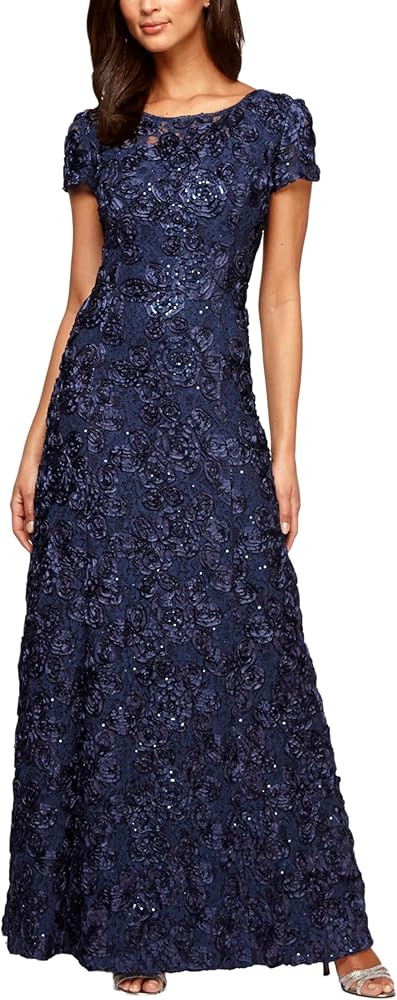 Alex Evenings Women's Long Rosette Lace Cap Sleeve Gown | Amazon (US)