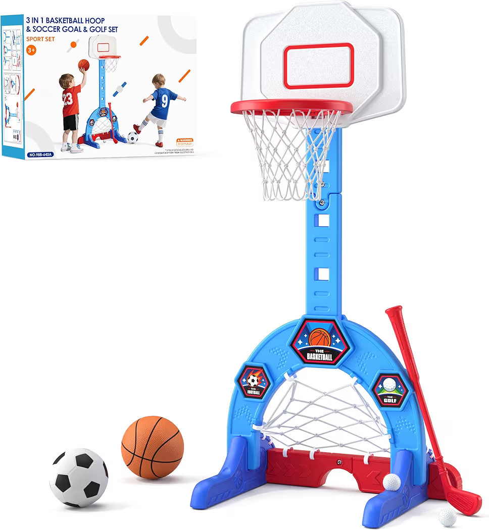 Toddler Basketball Hoop, 3-in-1 Sports Activity Center with Soccer Goal, Golf Game, 5 Height Adju... | Amazon (US)