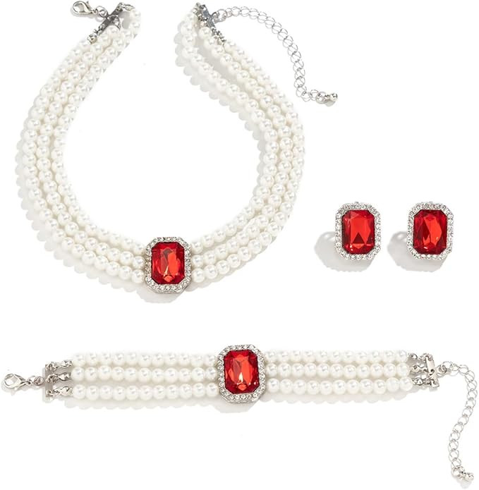 Crystal Choker Necklace for Women Earring Necklace&Bracelet Set Fashion Gemstone Pearl Necklace f... | Amazon (US)