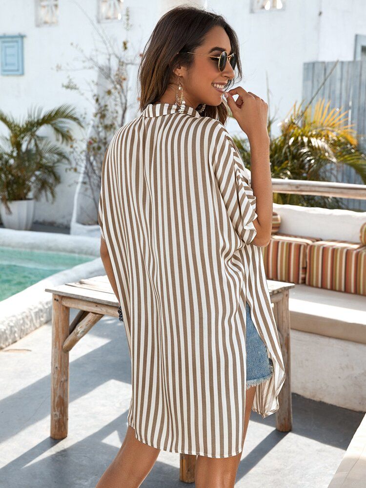 Button Front Split Hem Striped Blouse | SHEIN