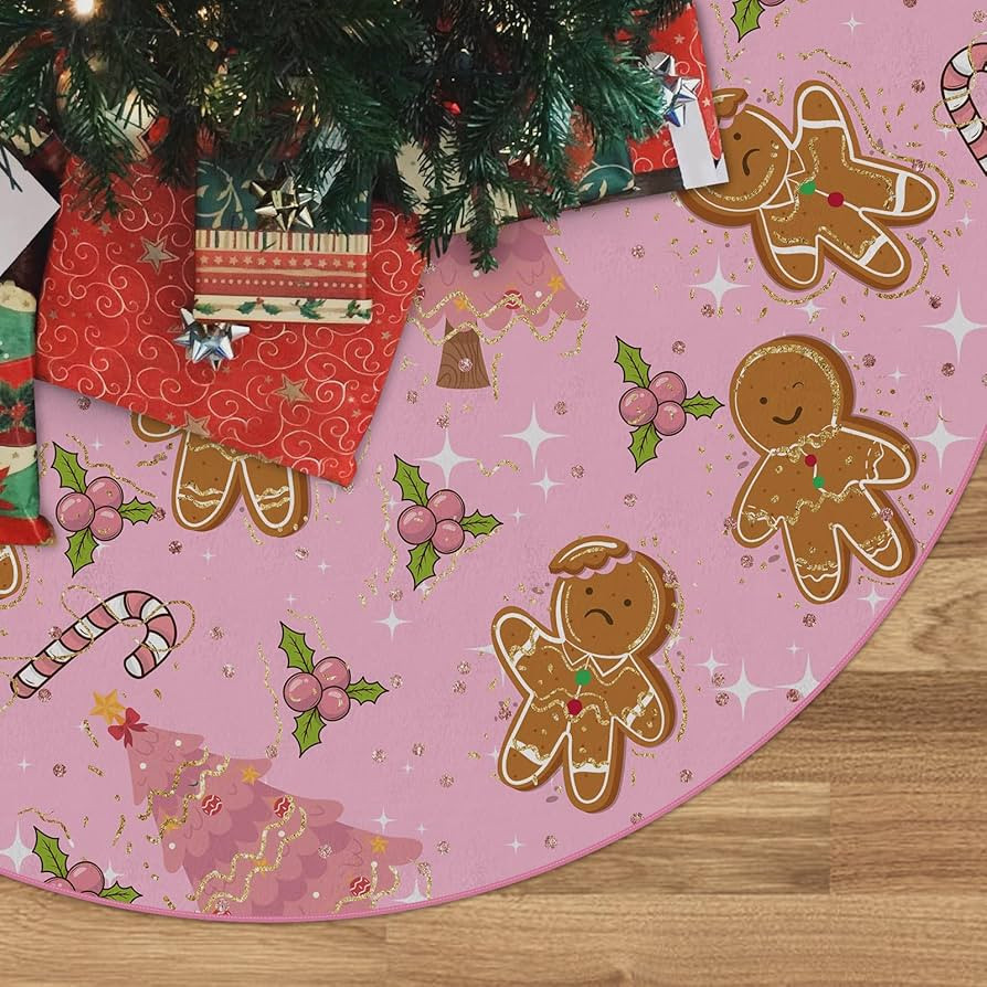 Amazon.com: Christmas Tree Skirt Pink Tree Skirt Christmas Tree Candy Cane Gingerbread Xmas Winte... | Amazon (US)