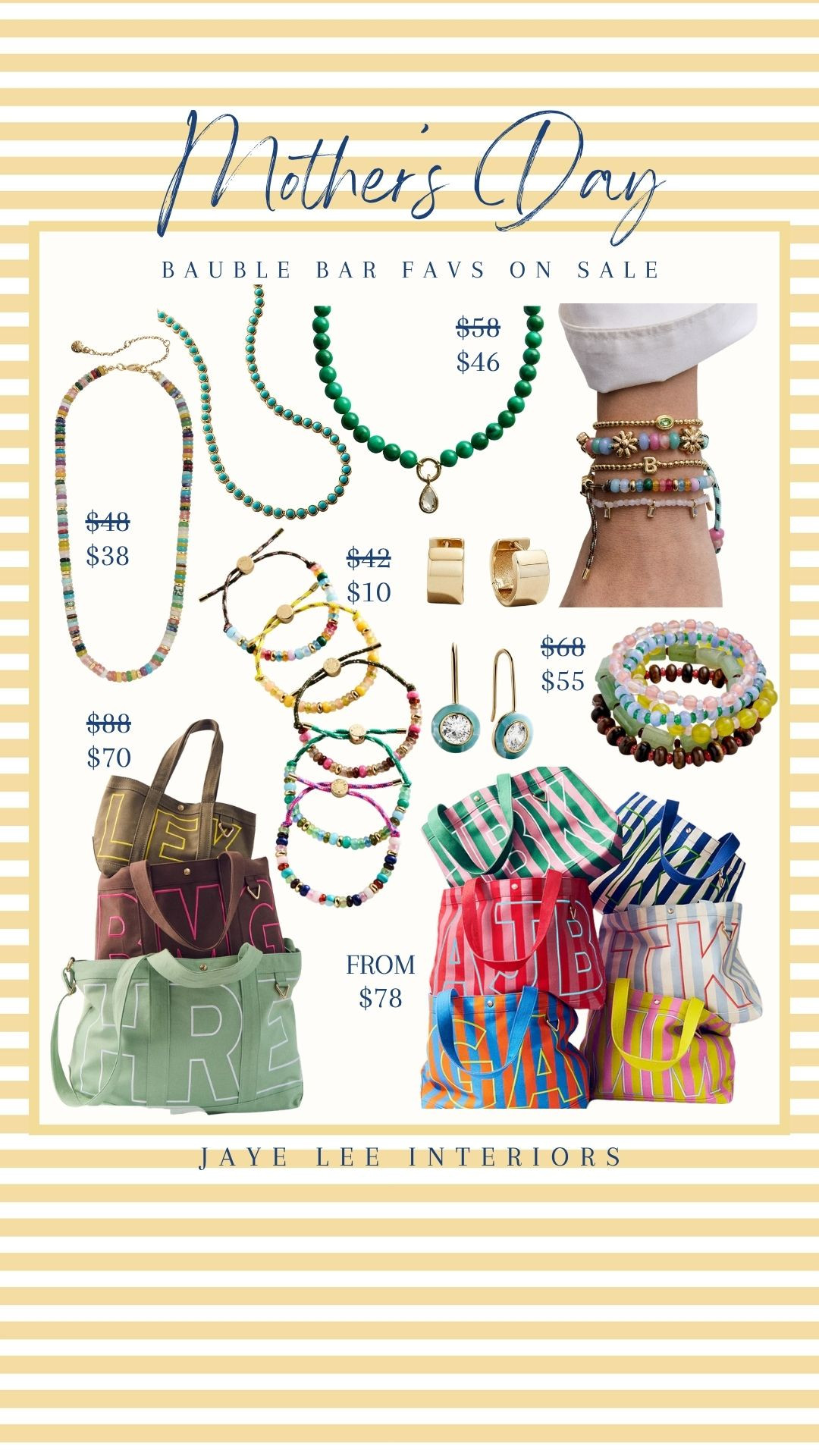 20% OFF Bauble Bar! Jewelry starting at just $10! Stacking bracelets and layering necklaces in bright, cheerful hues make the perfect gifts for a mom with style. 
colorful beaded necklaces, rainbow necklace, beaded bracelets, huggy earrings, striped monogram totes, tote bags, summer beach bags, turquoise necklace, bracelet stack, green necklace, personalized jewelry gifts, Mother's Day Gifts, Mother's Day gift guide, Gifts for Mom, Gifts for her. #jleeinteriors 

 #LTKMothersDay #LTKmomlife #LTKSaleAlert