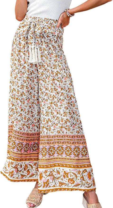 Eteviolet Boho High Waisted Pants for Women, Leoprad Wide Leg Flowy Pants | Amazon (US)