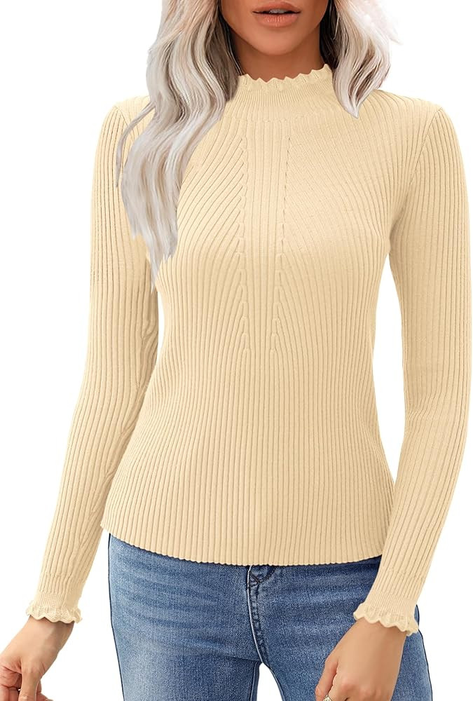 VVK Women Sweaters 2024 Fall Turtleneck Long Sleeve Knit Pullover Ribbed Slim Fit Basic Business ... | Amazon (US)