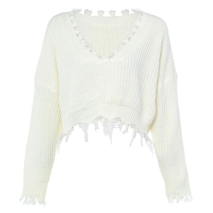 ZAFUL Women Loose Ripped V Neck Sweater Cropped Pullover Baggy Knitwear Long Sleeve Crop Tops | Amazon (US)