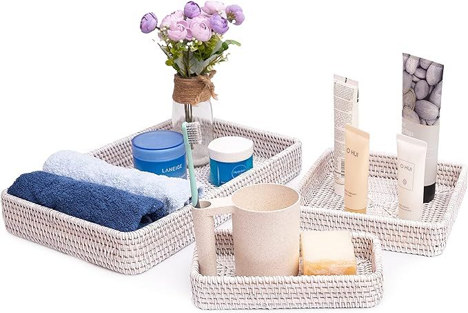 White Decorative Trays for Coffee Table Woven Tray Rectangle Bowl Wicker Flat Basket Weave Kit Ra... | Amazon (US)