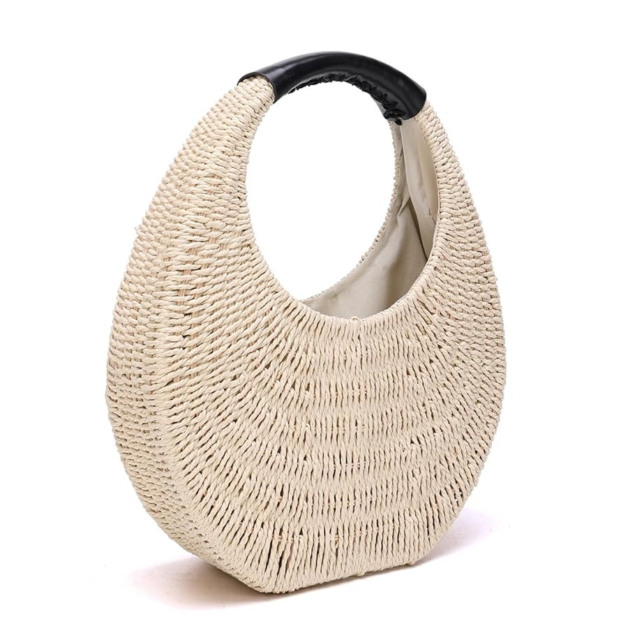 JOLLQUE Straw Bag for Women,Summer Hand Woven Small Hobo Handbag Purse,Solid Round Top-Handle Clu... | Amazon (US)
