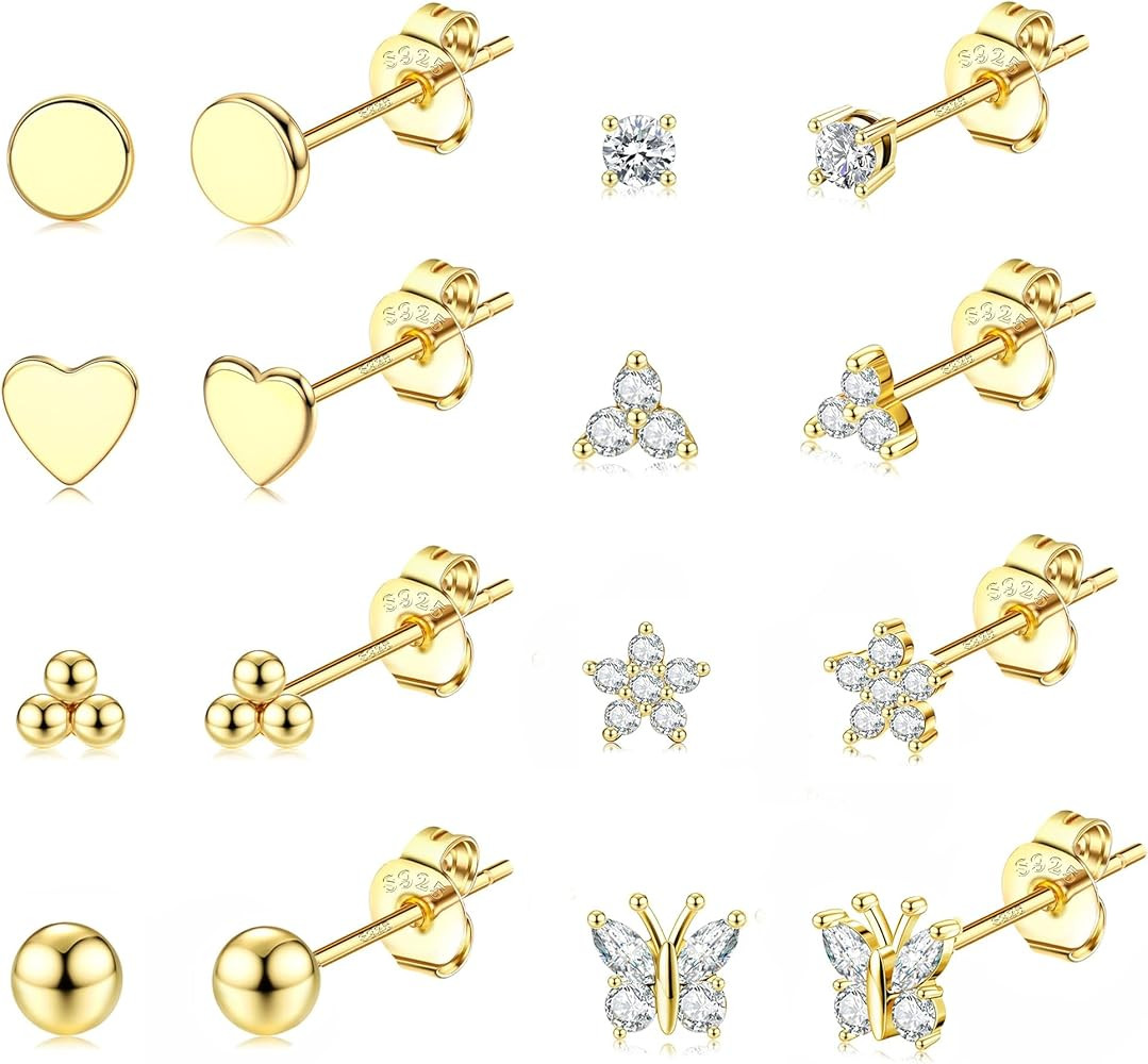 Jstyle Sterling Silver Stud Earrings for Women, 14K Gold Plated Hypoallergenic Stud Earrings Cubi... | Amazon (US)