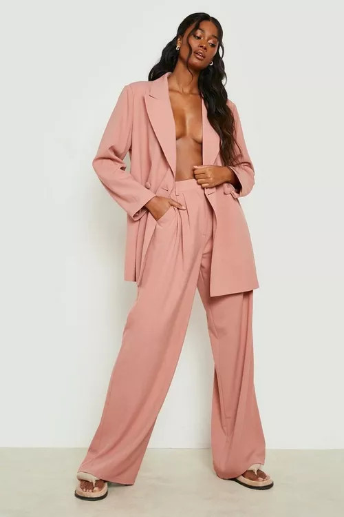 Linen Look Pleat Front Wide Leg Trousers | Boohoo.com (US & CA)