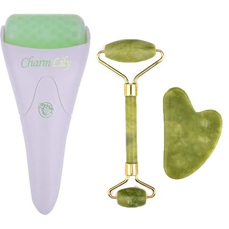 Jade & Ice Roller + Gua Sha Massager Tool Set for Face & Eyes by Charmlily, Puffiness, Reduce Wri... | Amazon (US)
