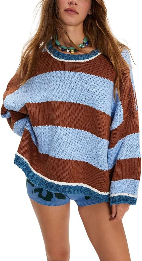chouyatou Women's 2025 Color Block Striped Sweaters Crewneck Long Sleeve Casual Oversized Knitted... | Amazon (US)