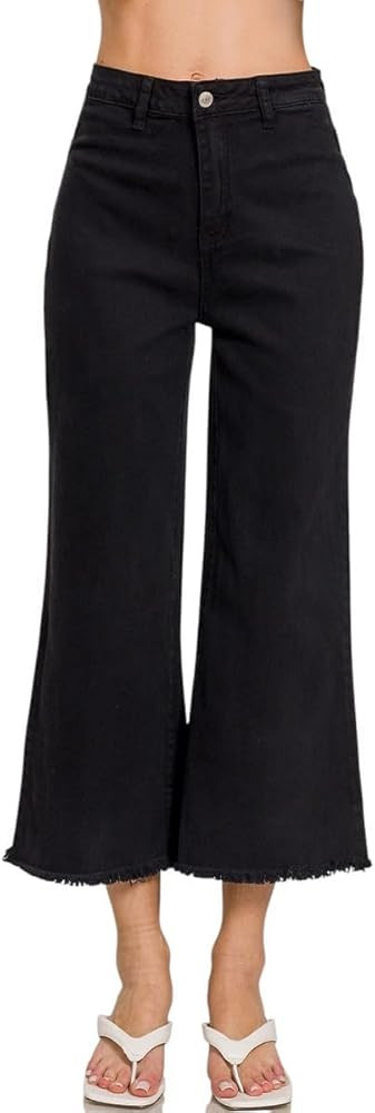 Zenana Colored Denim Wide Leg Cropped Frayed Hem Jeans | Amazon (US)