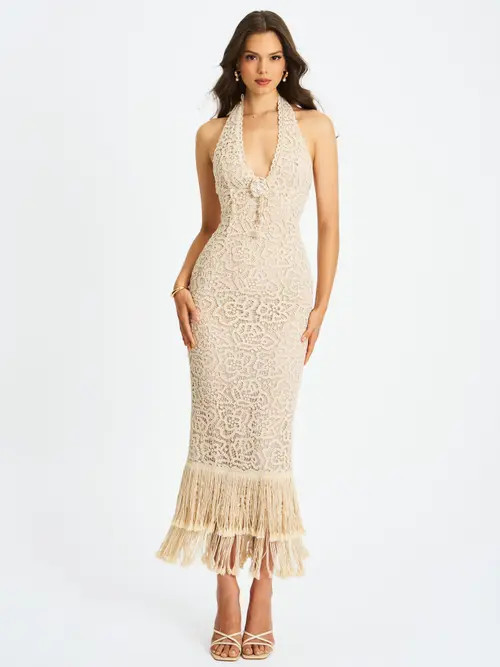 Miss Circle Faelyn Double Fringe Crochet Halter Maxi Dress in Off-White at Nordstrom, Size Large | Nordstrom