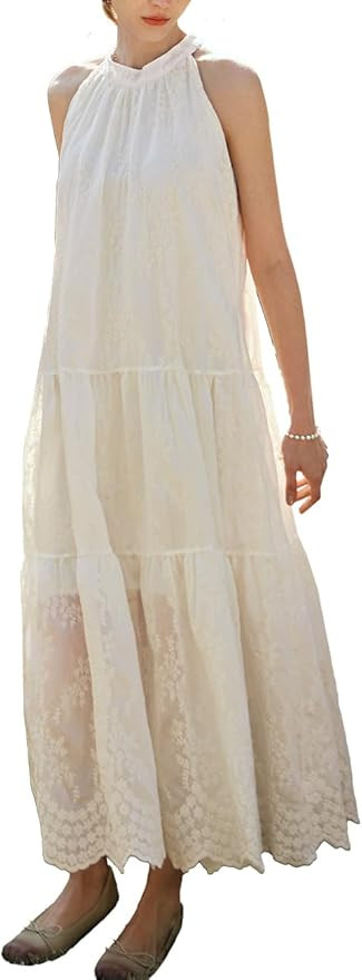 Women's Bohemian Maxi Dress, Summer White Halter Neck Sleeveless Embroidery Lace Beach Vacation L... | Amazon (US)