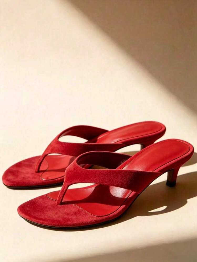 2026 New Suede Toe-Ring Sandals, Slim Kitten Heel Slip-On Slippers For Women,Flip Flops,Summer Sandals | SHEIN