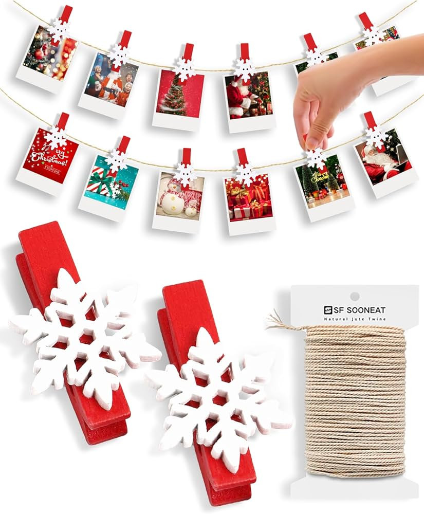 Mini Clothespins Christmas Clothes Pins for Photo Red Clothespins White Snowflake Wooden Clips Sm... | Amazon (US)