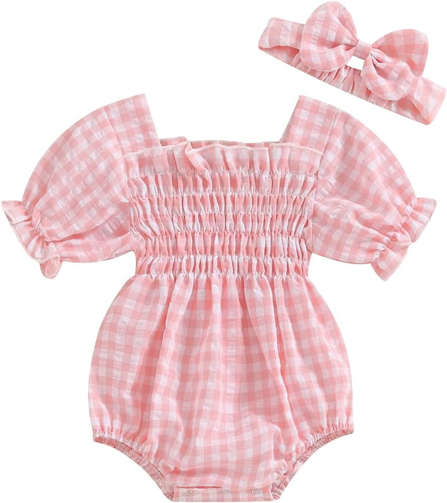 Newborn Baby Girl Clothes Spring Summer Outfit Solid Short Sleeve Pleated Romper with Bow Headban... | Amazon (US)