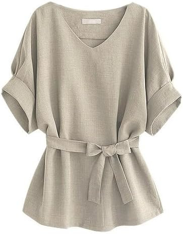 Womens Linen Shirt Casual Dressy Short Sleeve V Neck Tie Front Bow Blouse Summer Babydoll Shirts ... | Amazon (US)