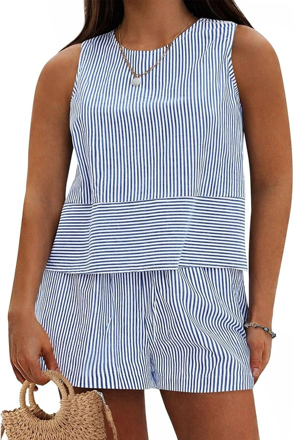 Beautife Womens Plus Size 2 Piece Outfits Striped Crew Neck Tank Top Matching Shorts Sets Summer ... | Amazon (US)