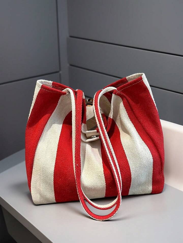 Chic Retro Striped Canvas Tote Bag, Literary Large Capacity Spacious & Versatile, Ideal For Work, School Or Day Out, School Bag, Canvas Bag, Beach Bag, Shopping Bag [Vertical Stripe Color Placement Random] | SHEIN