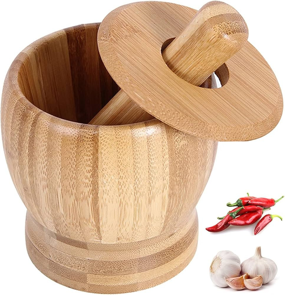 Wooden Mortar Pestle Set Garlic Masher Herb Spice Grinder Household Food Supplement Natural Grind... | Amazon (UK)