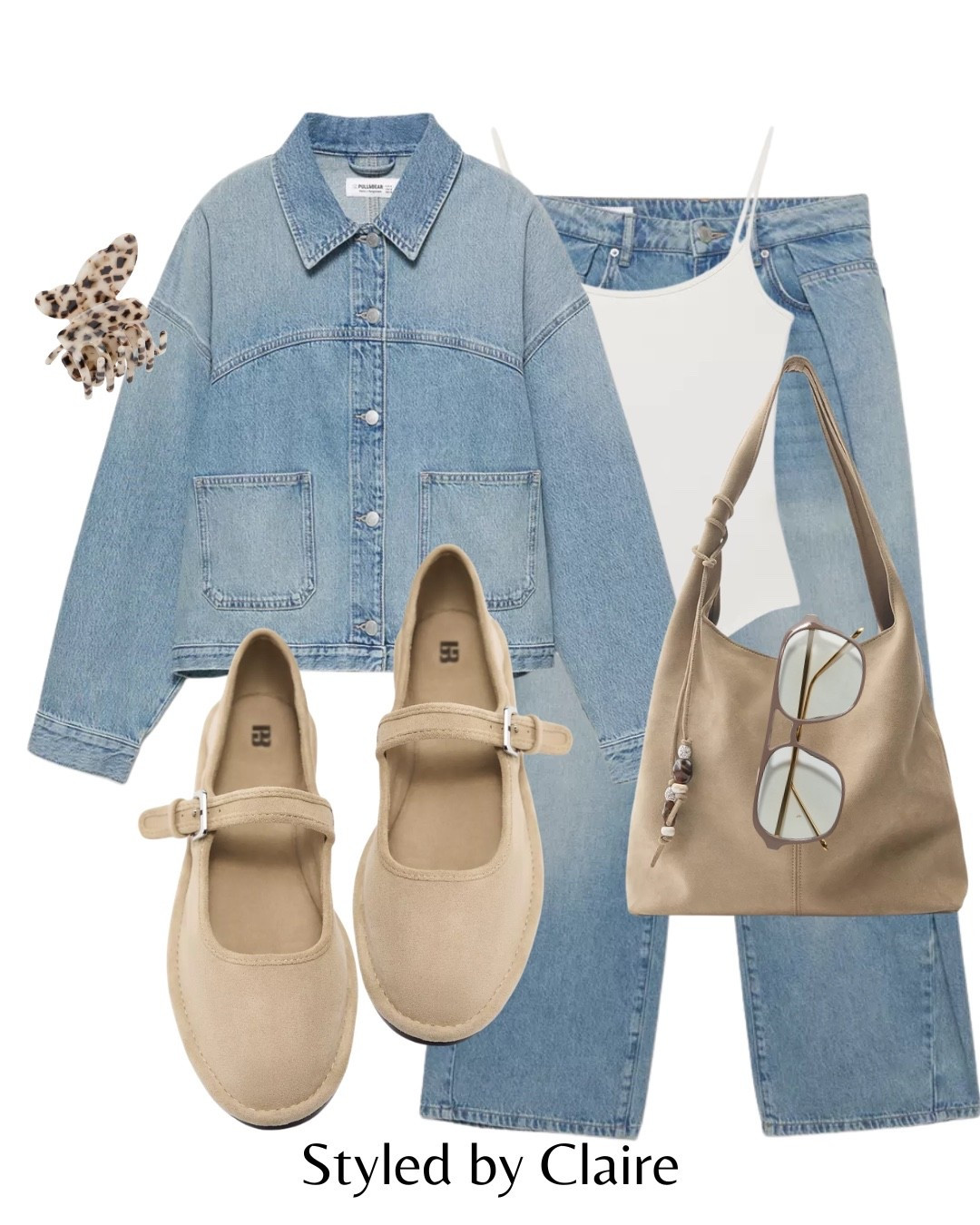 DOUBLE DENIM COOL GIRL SET🦋
Tags: barrel jeans with cross over flaps denim jacket overshirt light wash collar ballet flats faux suede sand beige tote bag bodysuit cami white hair claw fashion spring city break trends capsule wardrobe elevated basics brunch with the girls ootd
AD
#pullandbearcommunity

#LTKspringtrends #LTKspring #LTKootd