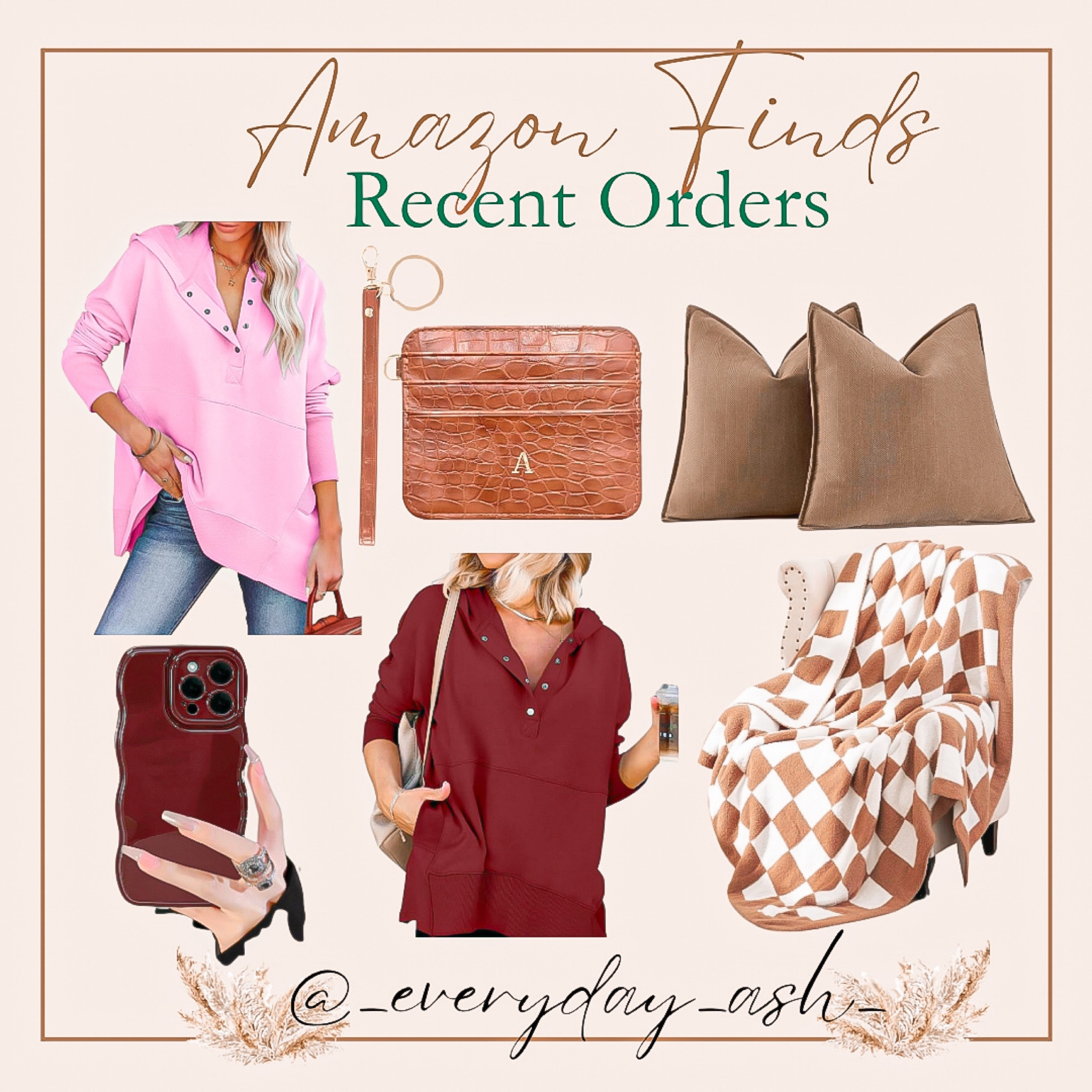 Recent Amazon order 

Hoodie - stay true to size - I ordered pink and crimson - I ordered a medium but need a small  - ITS SO SOFT 💗

Pink hoodie, burgundy hoodie, burgundy phone case, pillow covers, checkered blanket, cozy blanket, personalized wallet, brown wallet, stocking stuffers, last minute gift, gift for her 

#LTKStyleTip #LTKFindsUnder50 #LTKGiftGuide