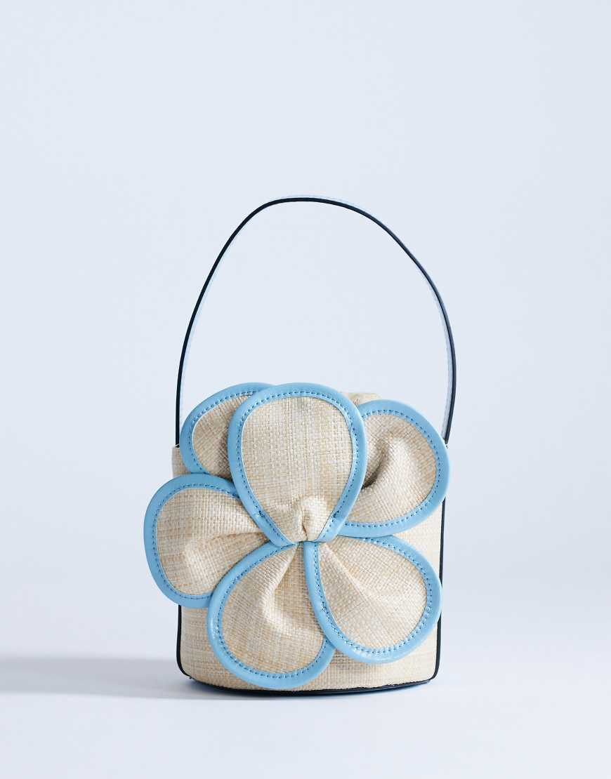 Topshop Gino straw flower grab bag in light blue | ASOS (Global)
