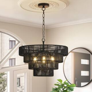 GoYeel 6-Light Black Bohemian Drum Hanging Pendant Light with 4-Tier Woven Shade PL7706BK - The H... | The Home Depot