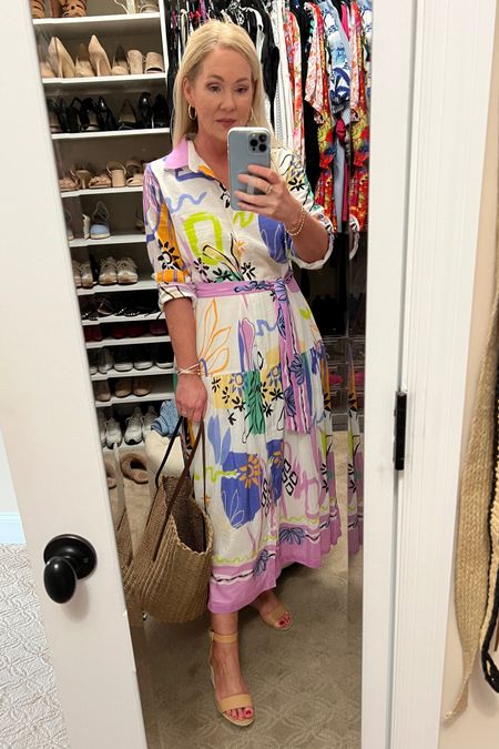 Pastel print shirt dress. Wearing size 4 but runs a bit big. 

#LTKOver40 #LTKWorkwear #LTKSaleAlert