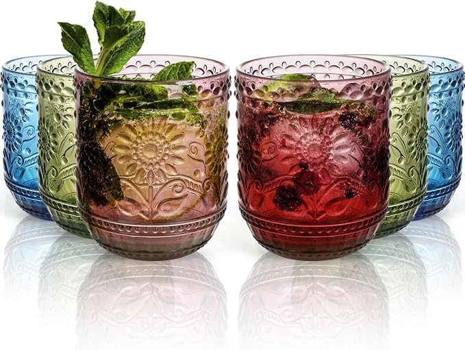 Glass Cups, Vintage Glassware Drinking Glass Set of 6, 12oz Colored Glassware with Sunflower Desi... | Amazon (US)