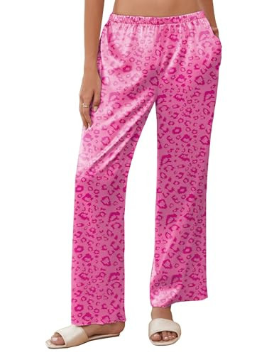 Ekouaer Womens Silk Satin Wide Leg Pajama Sleep Pants Casual Loose Soft Lounge Pants Elastic Waist Pj Bottoms with Pockets, Leopard Hot Pink, XXL | Amazon (US)