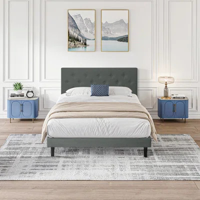 Queen Size Upholstered Platform Bed Frame With Modern Button Tufted Linen Fabric Headboard, No Box Spring Needed, Wood Slat Support, Easy Assembly | Wayfair North America