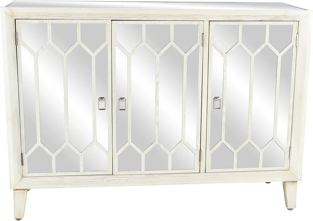 Deco 79 Wood Geometric Mirrored 1 Shelf and 3 Doors Cabinet, 47" x 19" x 34", White | Amazon (US)