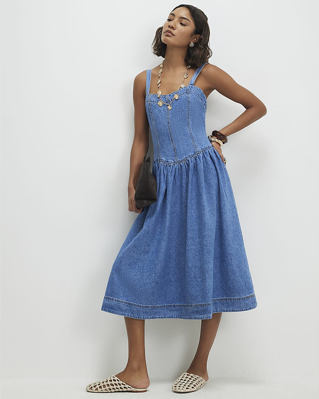 Blue Seamed Midi Denim Swing Dress | River Island UK & IE